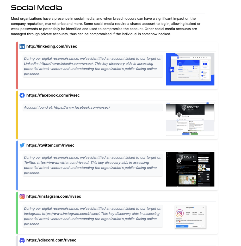 Example report page — social media reconnaissance